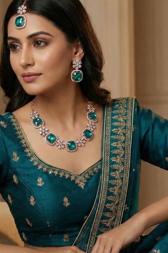 Green rose gold premium designer american diamond and stone work necklace set