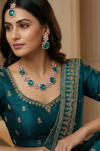 Green rose gold premium designer american diamond and stone work necklace set