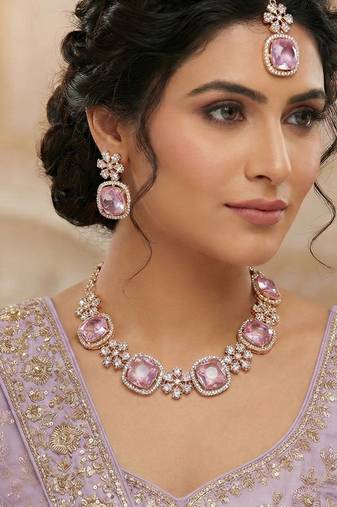 Purple rose gold premium designer american diamond and stone work necklace set