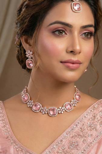 Pink rose gold premium designer american diamond and stone work necklace set