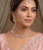 Pink rose gold premium designer american diamond and stone work necklace set