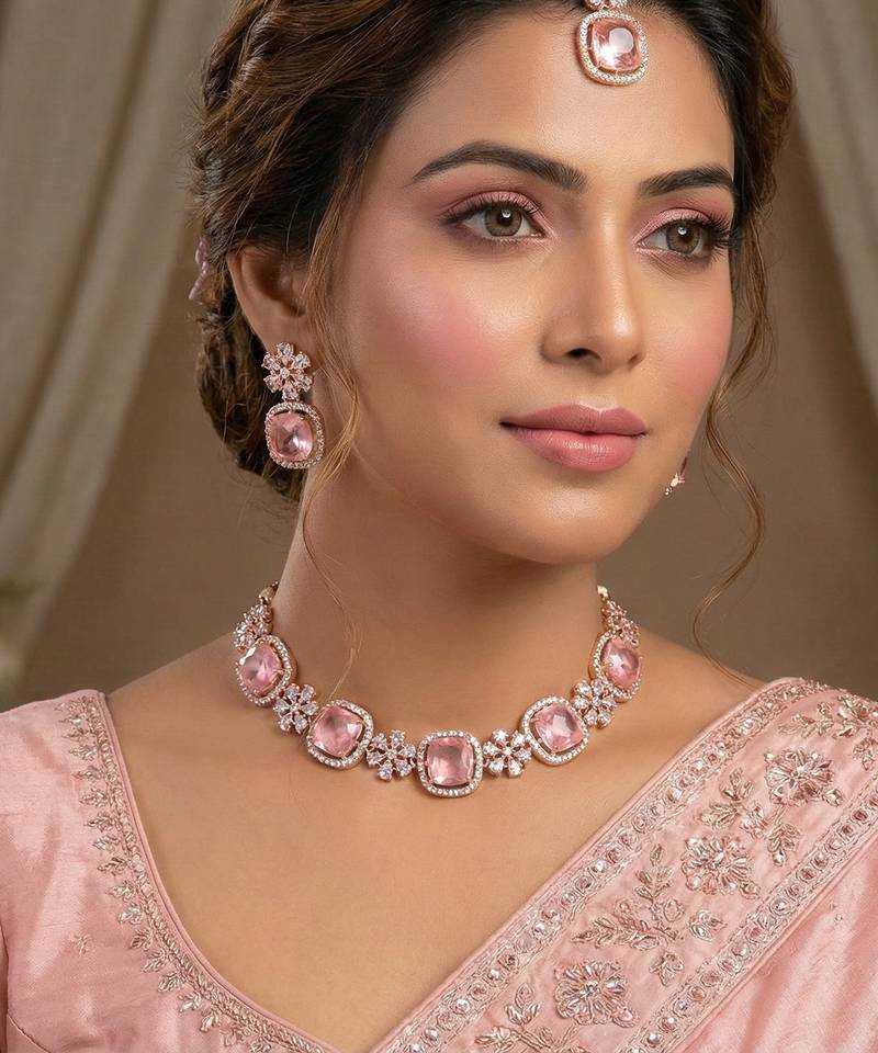 Pink rose gold premium designer american diamond and stone work necklace set