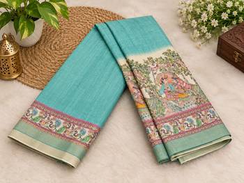 Rama blue tussar silk madhubani printed saree with zari woven border 4