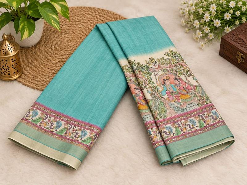 Rama blue tussar silk madhubani printed saree with zari woven border