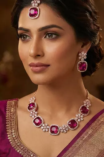 Purple rose gold premium designer american diamond and stone work necklace set