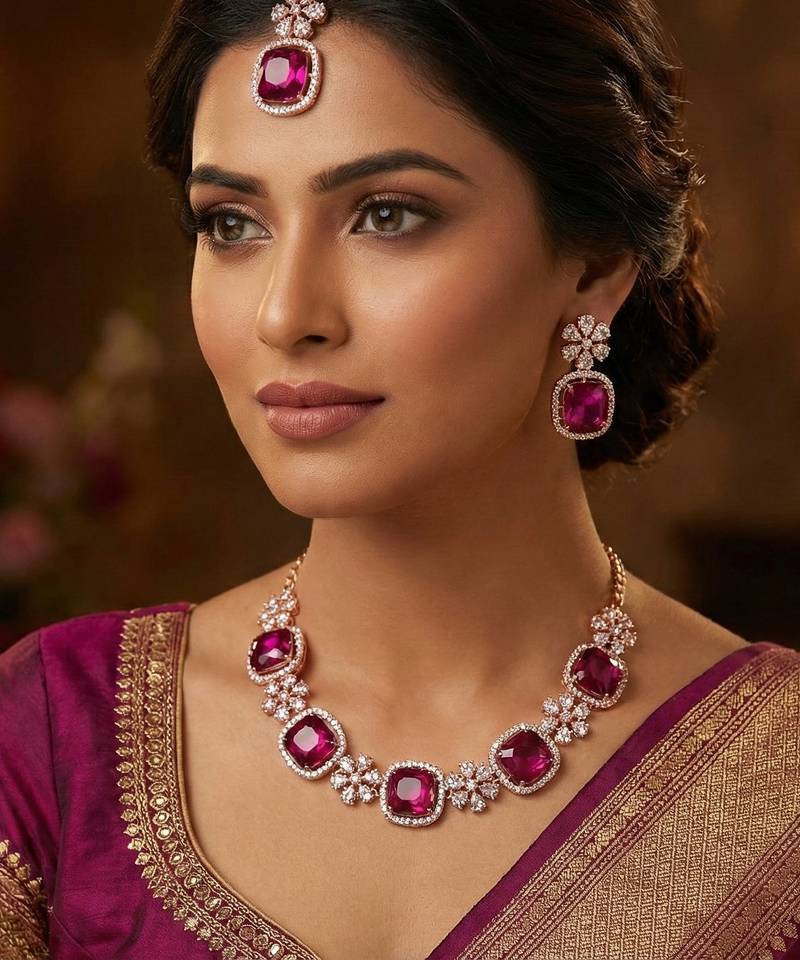 Purple rose gold premium designer american diamond and stone work necklace set