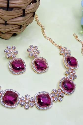 Purple rose gold premium designer american diamond and stone work necklace set