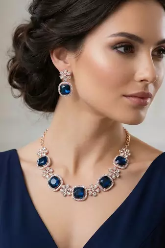 Blue rose gold premium designer american diamond and stone work necklace set