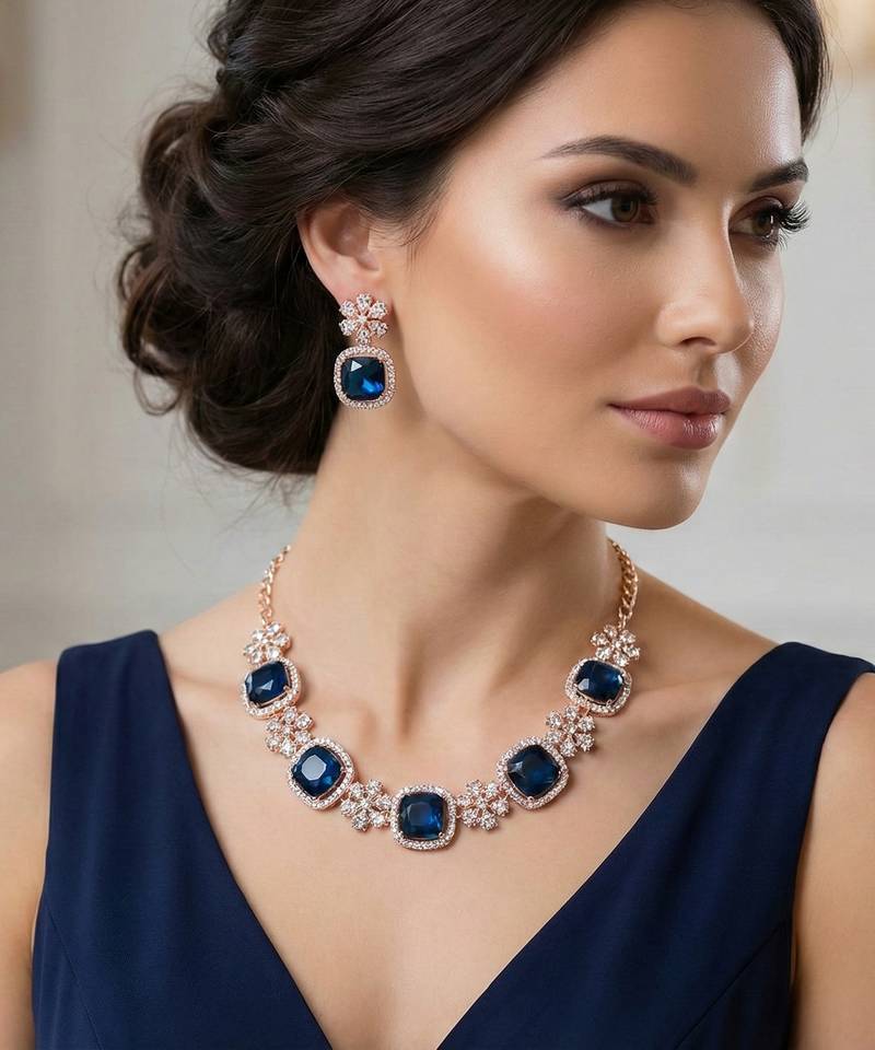Blue rose gold premium designer american diamond and stone work necklace set