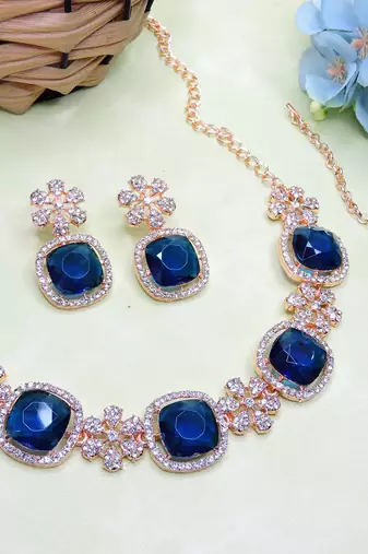Blue rose gold premium designer american diamond and stone work necklace set