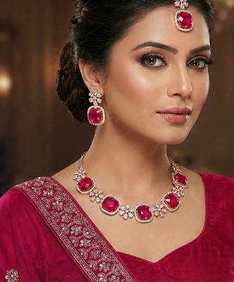 Pink rose gold premium designer american diamond and stone work necklace set 1