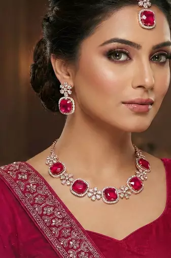 Pink rose gold premium designer american diamond and stone work necklace set