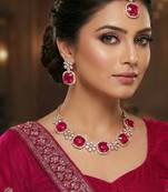 Pink rose gold premium designer american diamond and stone work necklace set