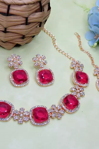 Pink rose gold premium designer american diamond and stone work necklace set