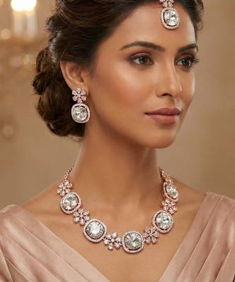 White rose gold premium designer american diamond and stone work necklace set 1