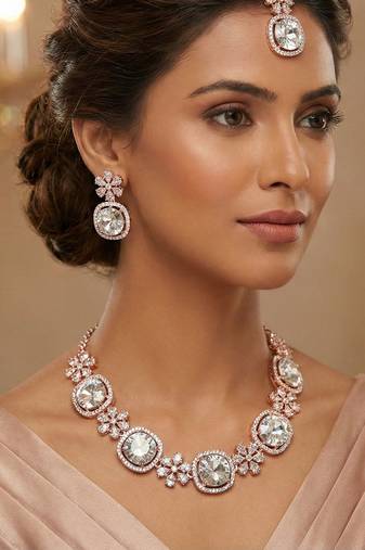 White rose gold premium designer american diamond and stone work necklace set