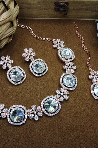 White rose gold premium designer american diamond and stone work necklace set
