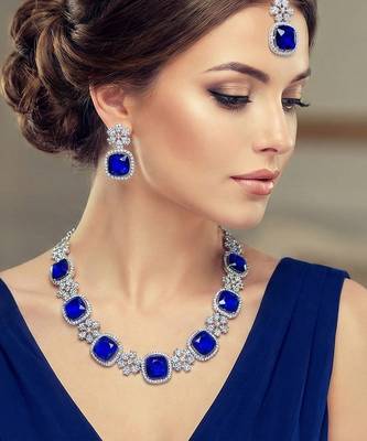 Blue rhodium premium designer american diamond and stone work necklace set 1