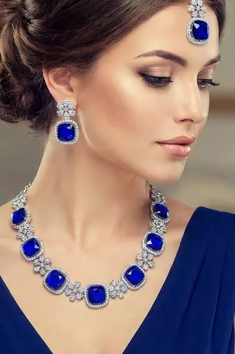 Blue rhodium premium designer american diamond and stone work necklace set