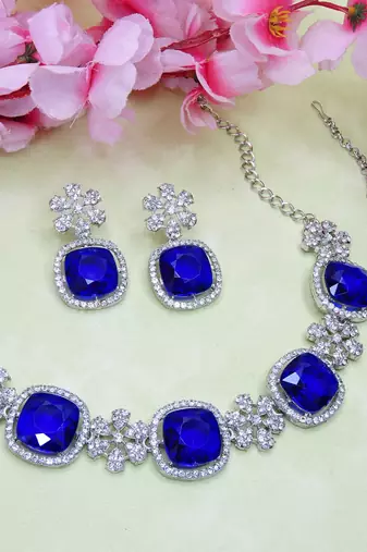 Blue rhodium premium designer american diamond and stone work necklace set