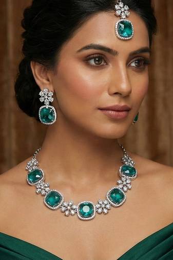 Green rhodium premium designer american diamond and stone work necklace set