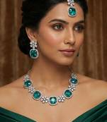 Green rhodium premium designer american diamond and stone work necklace set