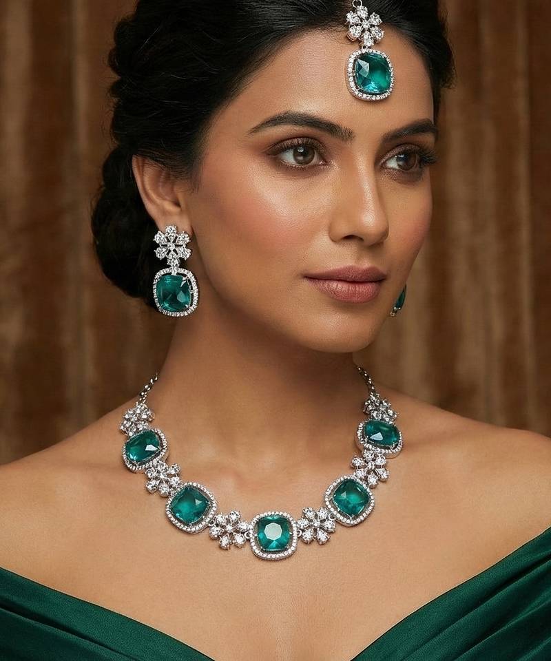 Green rhodium premium designer american diamond and stone work necklace set
