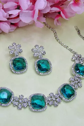 Green rhodium premium designer american diamond and stone work necklace set