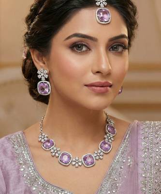 Purple rhodium premium designer american diamond and stone work necklace set 1
