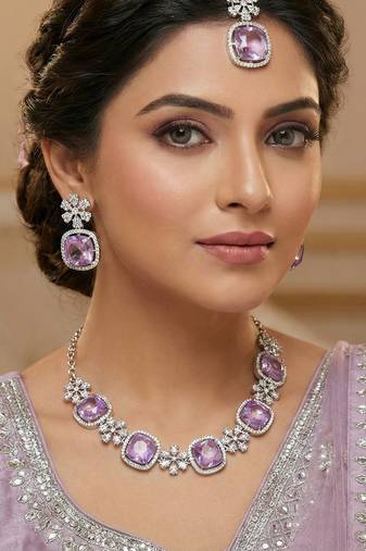 Purple rhodium premium designer american diamond and stone work necklace set