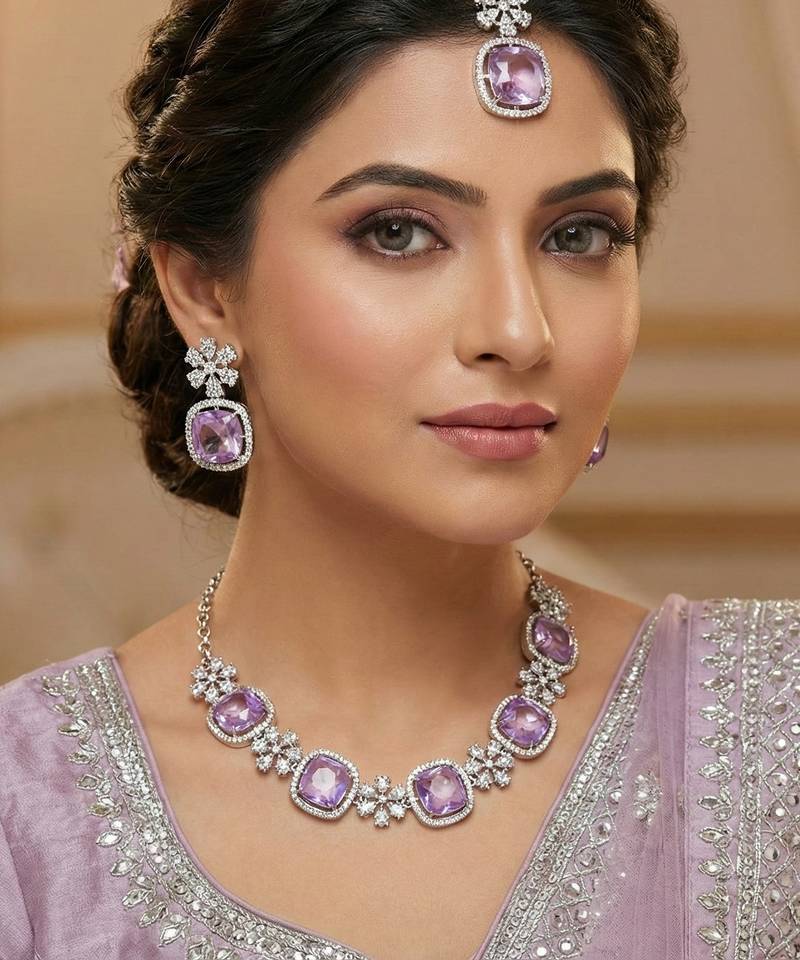 Purple rhodium premium designer american diamond and stone work necklace set