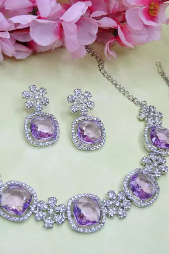 Purple rhodium premium designer american diamond and stone work necklace set