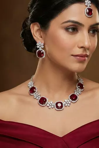 Maroon rhodium premium designer american diamond and stone work necklace set
