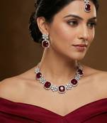 Maroon rhodium premium designer american diamond and stone work necklace set
