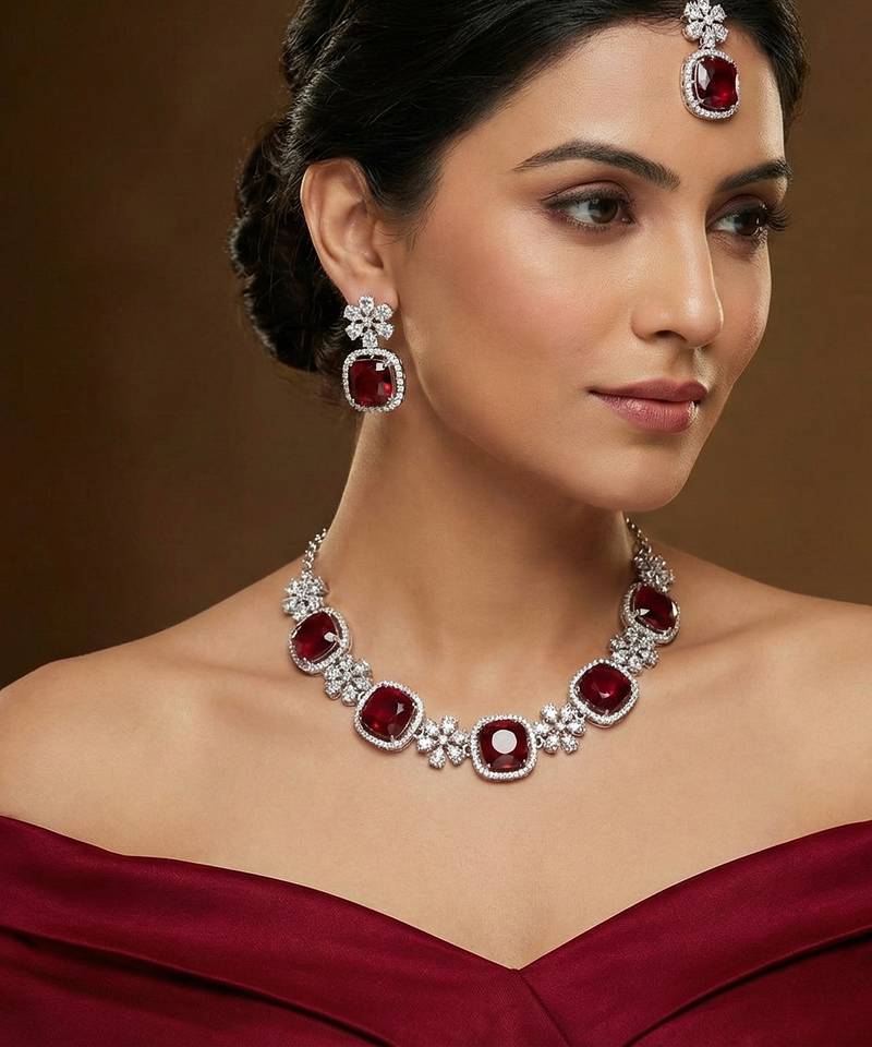 Maroon rhodium premium designer american diamond and stone work necklace set