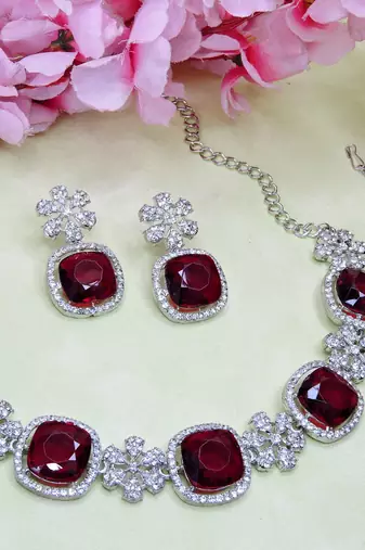 Maroon rhodium premium designer american diamond and stone work necklace set