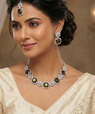 Green rhodium premium designer american diamond and stone work necklace set 1