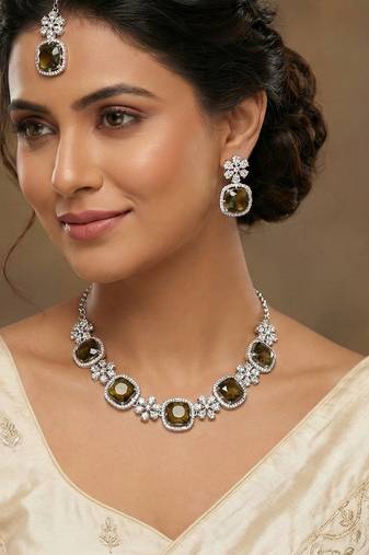 Green rhodium premium designer american diamond and stone work necklace set
