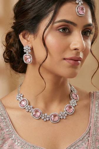 Pink rhodium premium designer american diamond and stone work necklace set