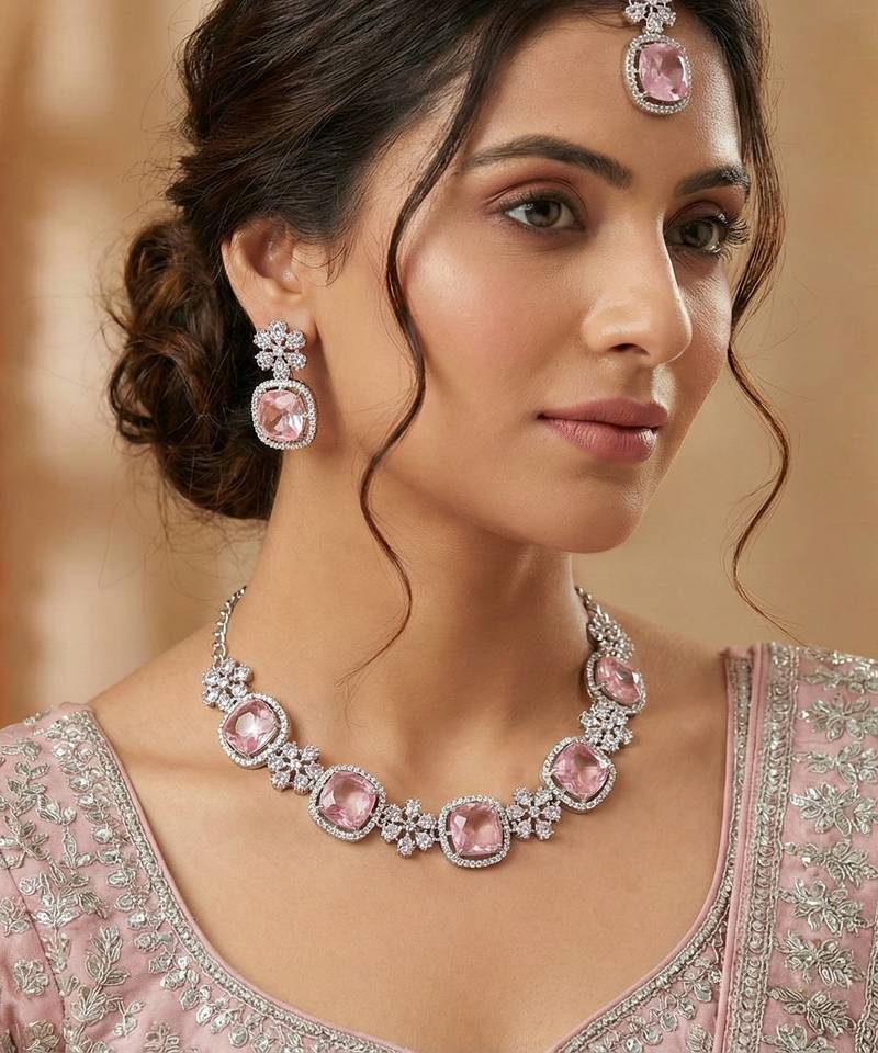 Pink rhodium premium designer american diamond and stone work necklace set
