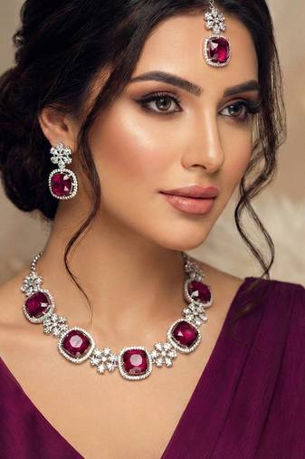 Purple rhodium premium designer american diamond and stone work necklace set