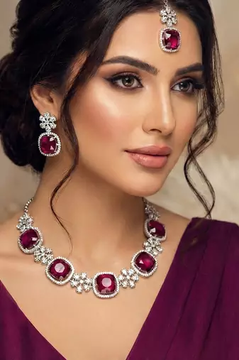 Purple rhodium premium designer american diamond and stone work necklace set