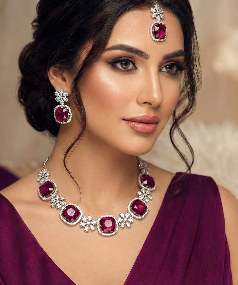 Purple rhodium premium designer american diamond and stone work necklace set