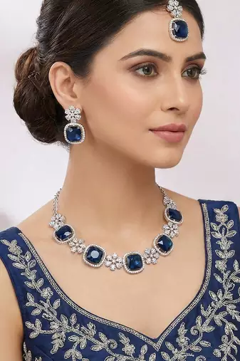Blue rhodium premium designer american diamond and stone work necklace set
