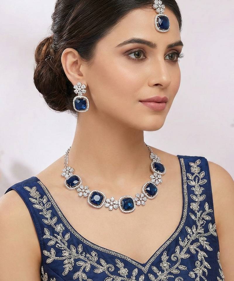 Blue rhodium premium designer american diamond and stone work necklace set