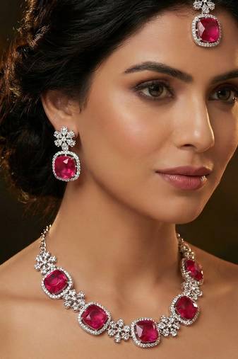 Pink rhodium premium designer american diamond and stone work necklace set