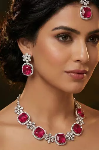 Pink rhodium premium designer american diamond and stone work necklace set