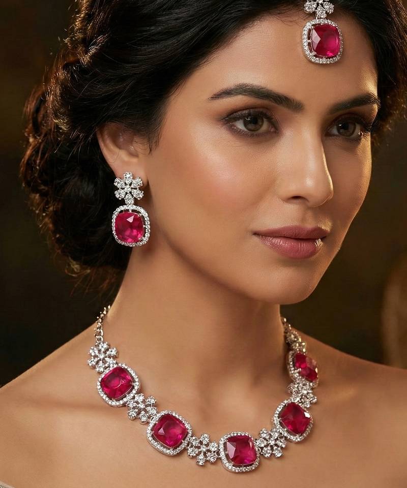 Pink rhodium premium designer american diamond and stone work necklace set