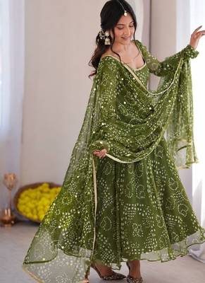 Green bandhani printed georgette anarkali kurta pant with dupatta set for women 2