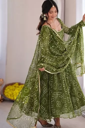 Green bandhani printed georgette anarkali kurta pant with dupatta set for women